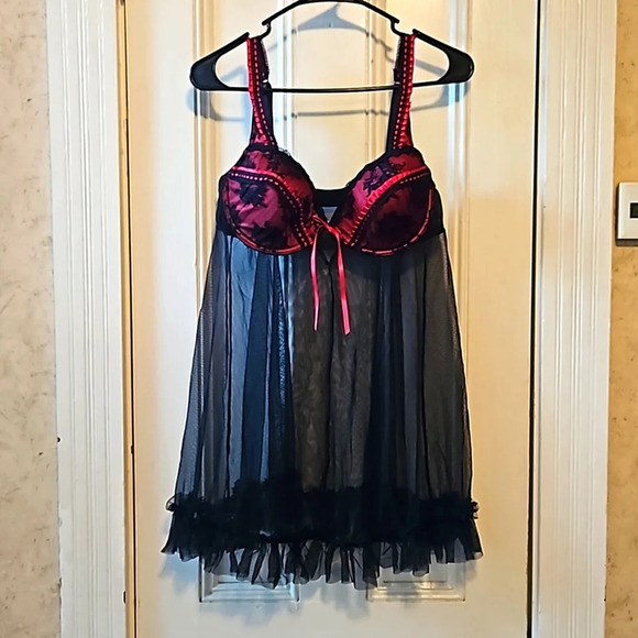 Delicates Sheer Lace Black Red Babydoll Top XL - Picture 1 of 8